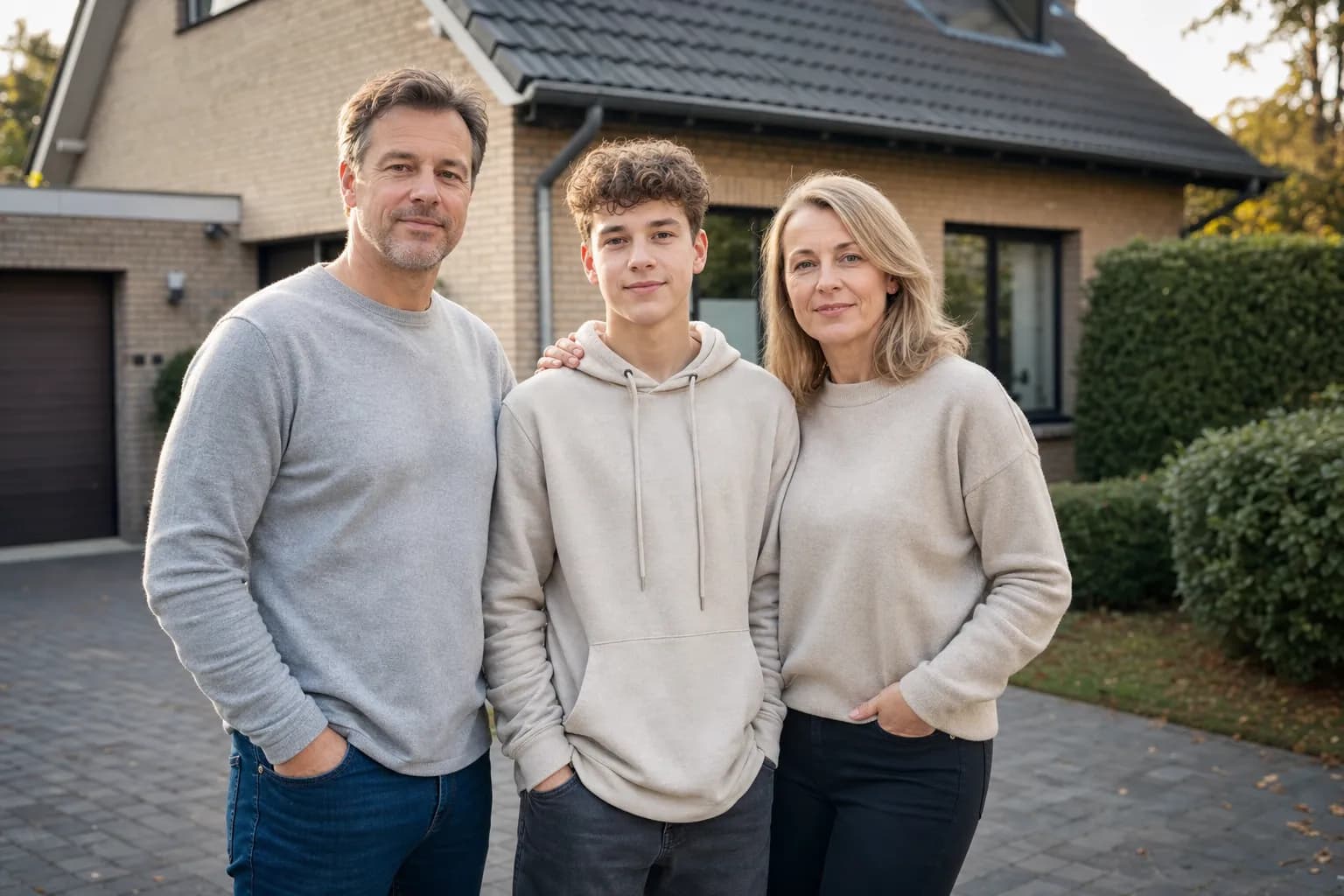 Familie vor ihrem Wohnhaus — Privatkunden im Wohnbereich